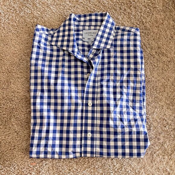 Ledbury Blue White Check Print Button Up Dress Shirt Slim Fit Size 16.5 - Picture 1 of 6